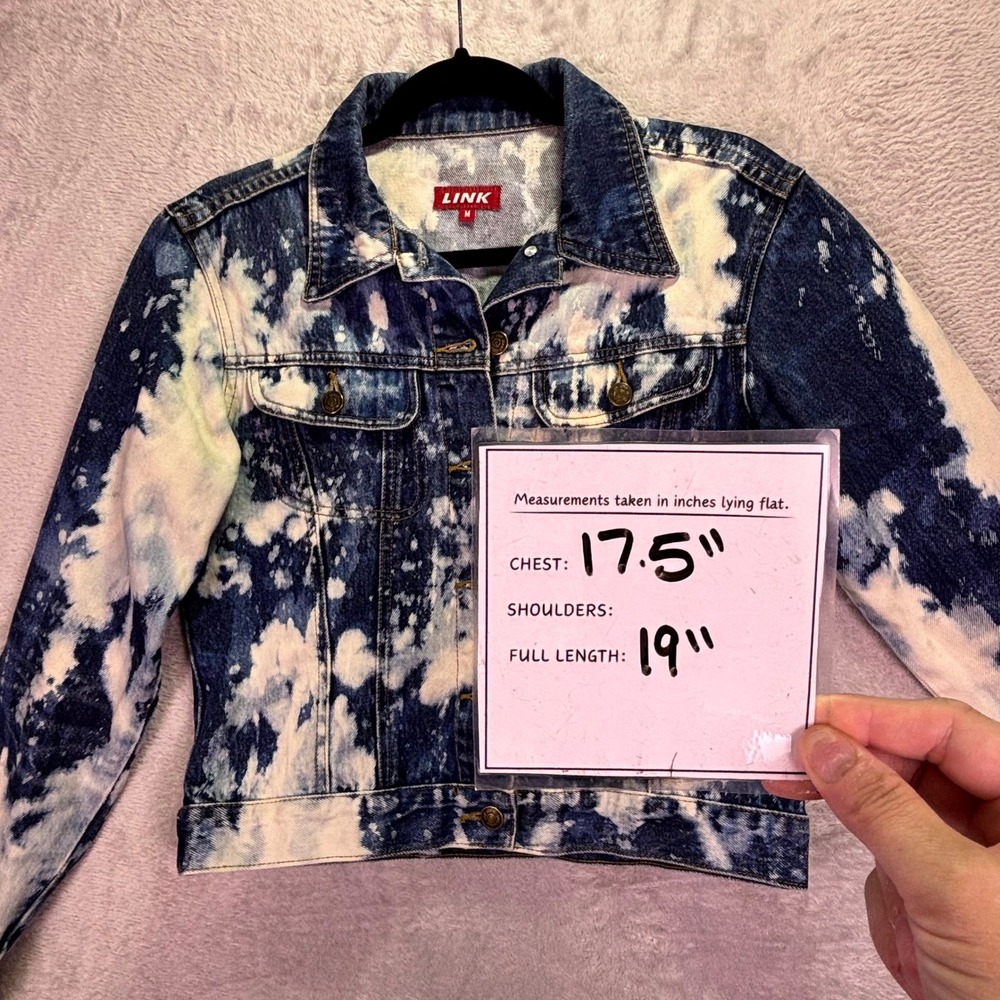 LINK Women Denim Jacket Size M Blue White Acid Wash Cropped Trucker Coat - Picture 4 of 8